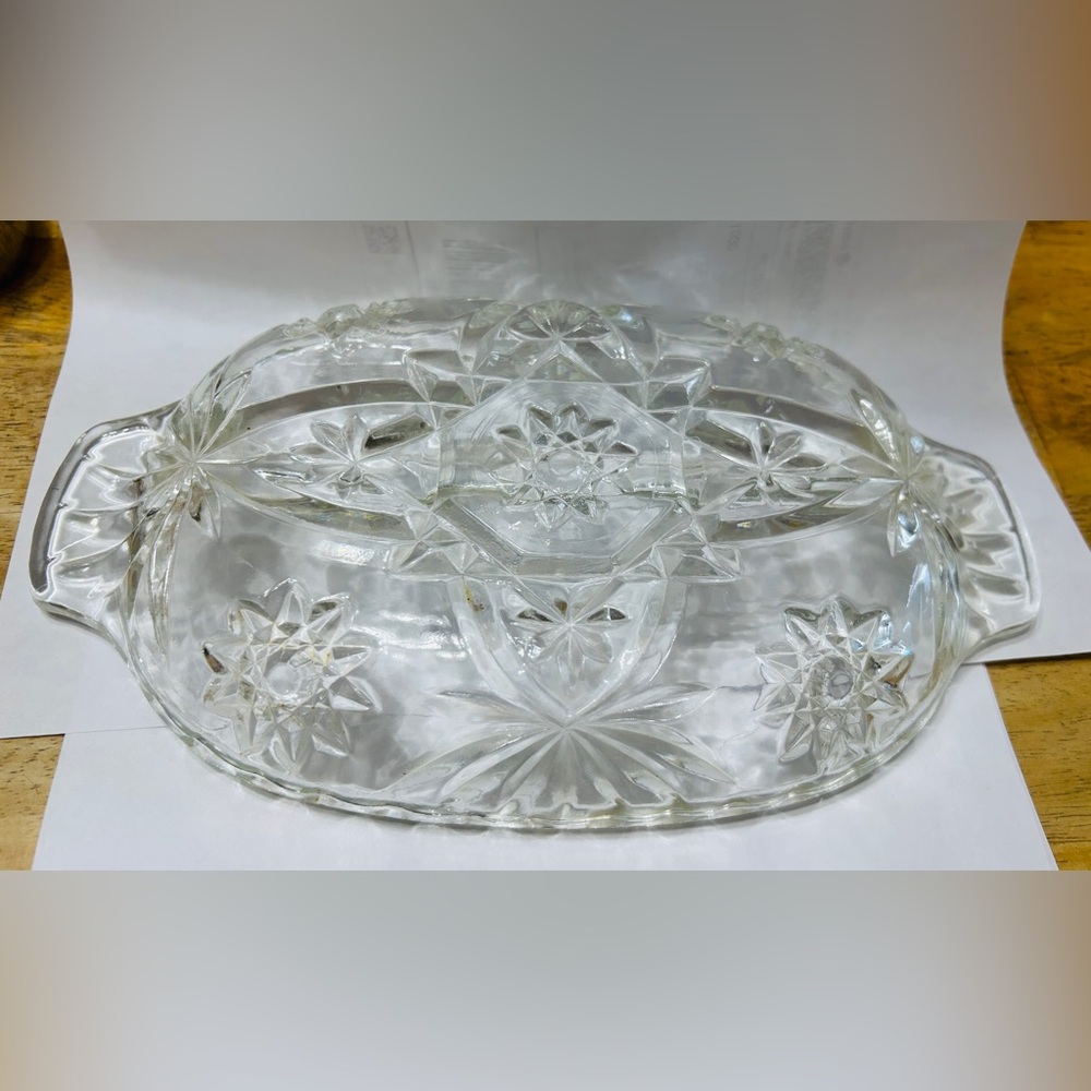 Vintage Anchor Hocking relish tray clear glass, Star of David prescut. Mint.